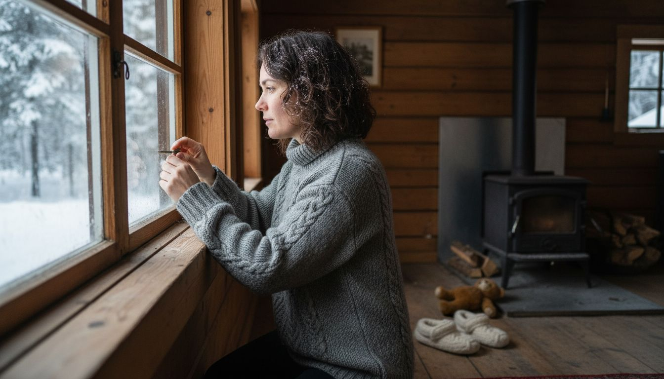 En kvinna undersöker isoleringen i sin vinterstuga för att försäkra sig om att den klarar kylan.