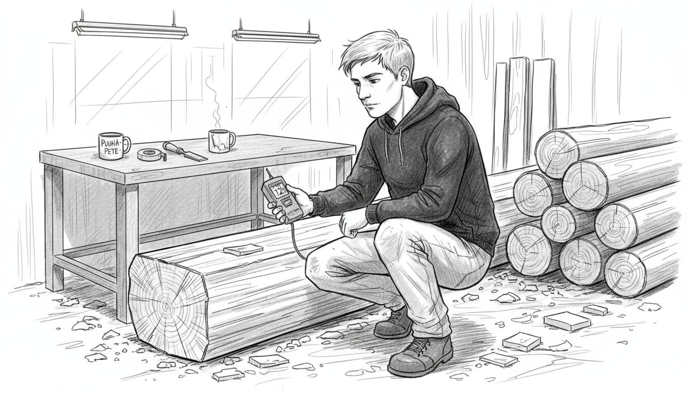 Rakentaja mittaa puurakenteen kosteutta.