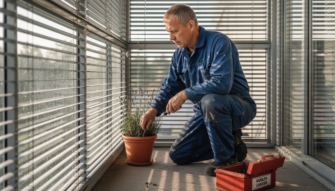 Työntekijä tarkistaa alumiiniset parvekekaihtimet varmistaakseen niiden kunnon.