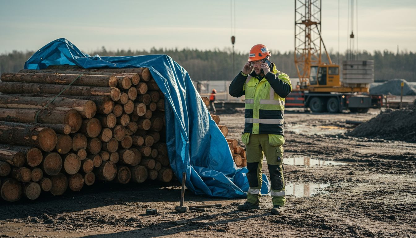 Platschefen inspekterar virket på den regnvåta byggarbetsplatsen.