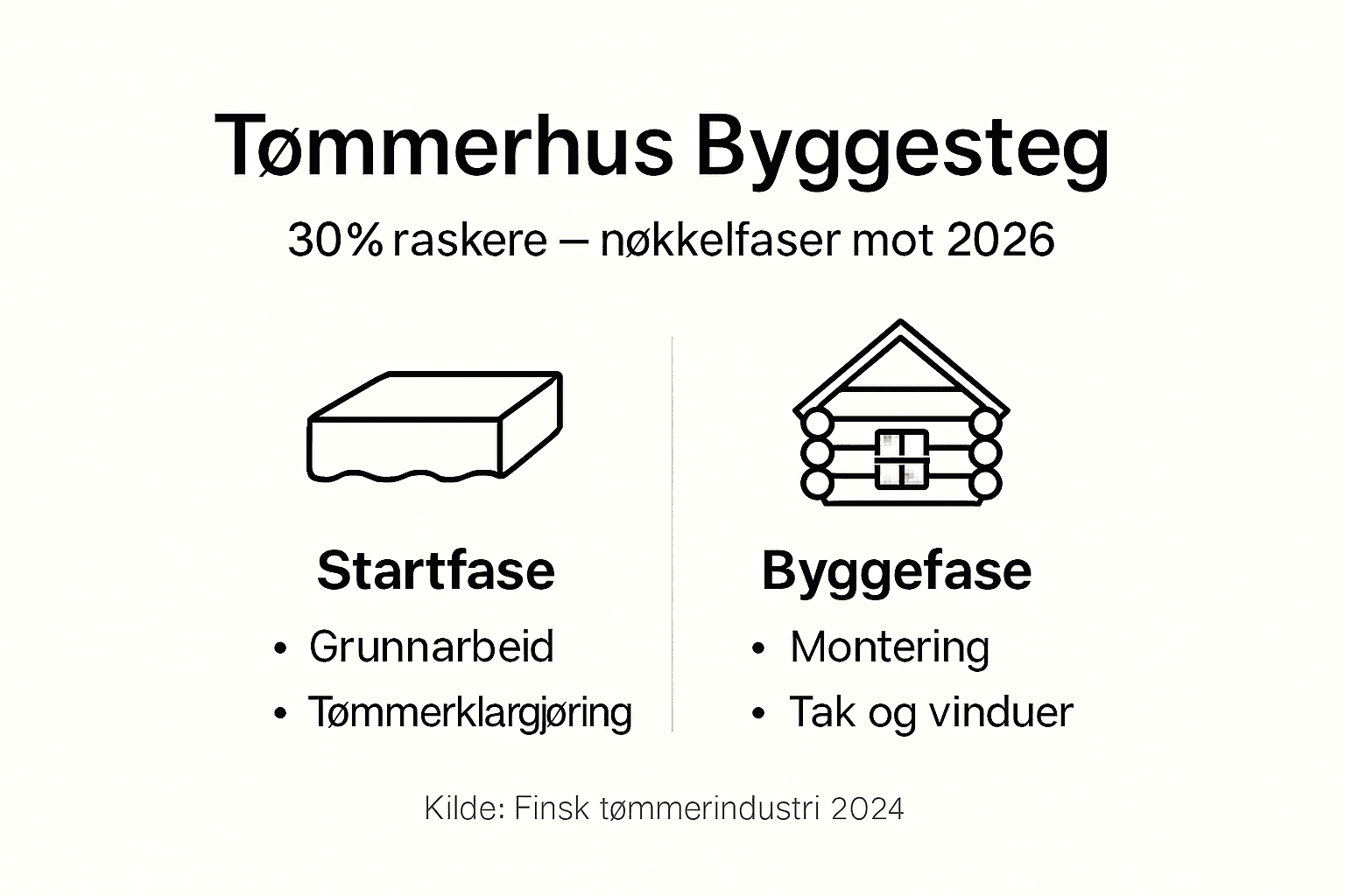 Infografikk som viser de viktigste stegene i byggeprosessen for et tømmerhus