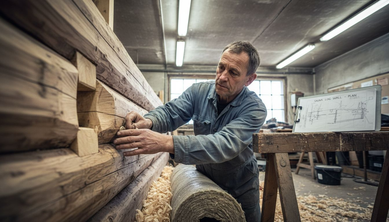 Builder inspecting log sauna wall insulation