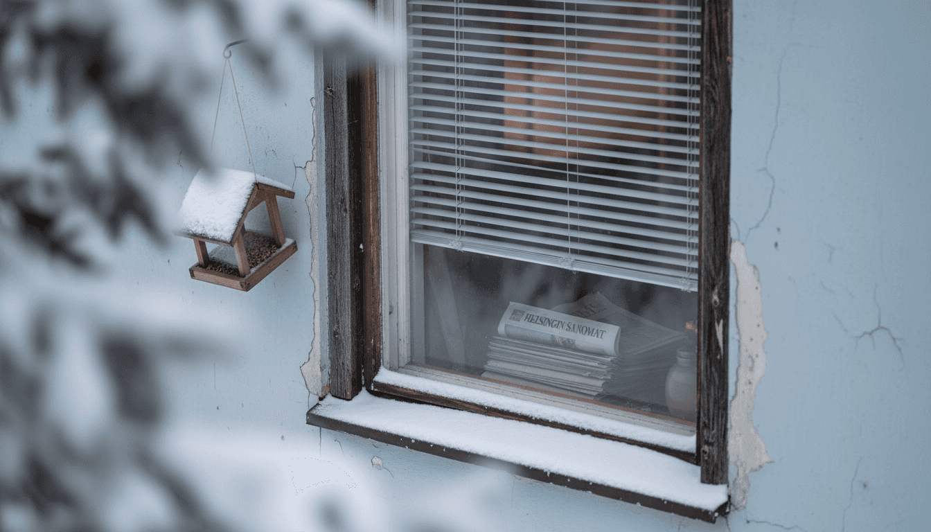 Lumisen talon ikkuna, jossa sälekaihtimet ovat suljettuina ulkopuolella.
