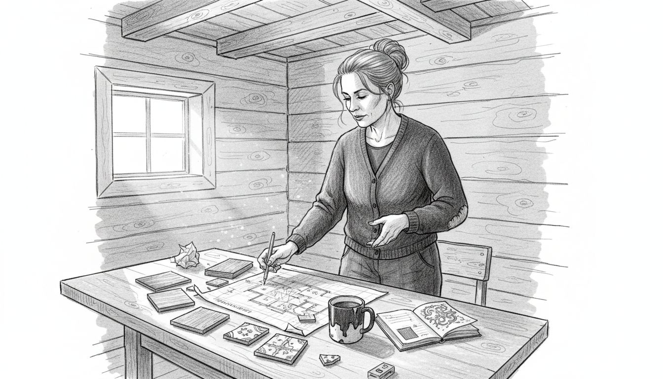 Nainen suunnittelee hirsimökin sisustusta omien toiveidensa mukaan