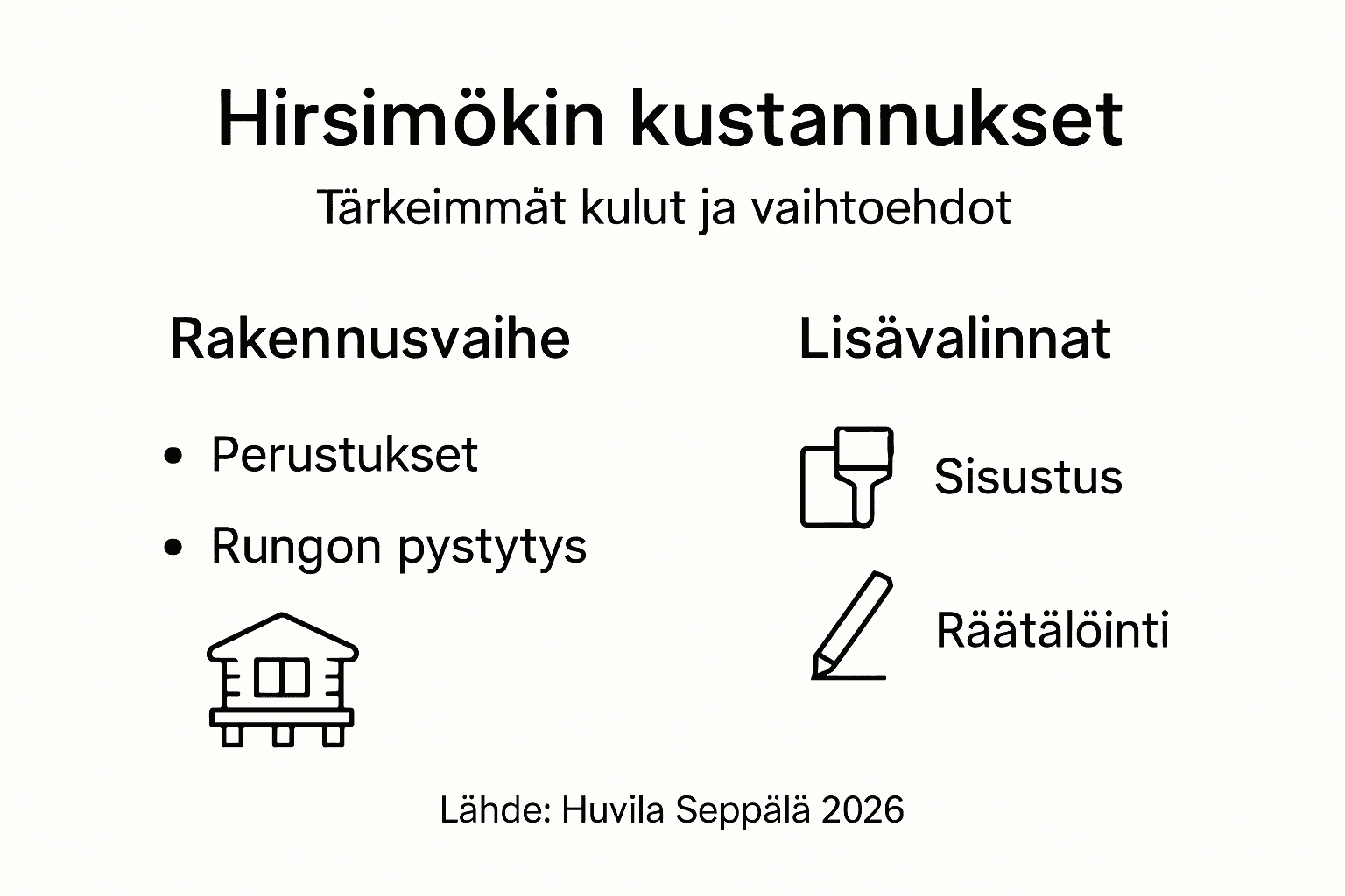 Hirsimökin rakennuskustannuksiin vaikuttavat tekijät – havainnollistava infografiikka