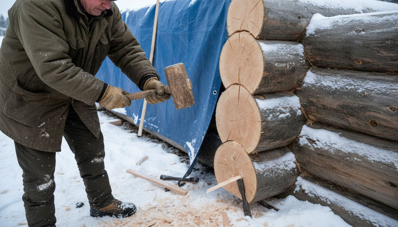 Builder notching log corner at construction site
