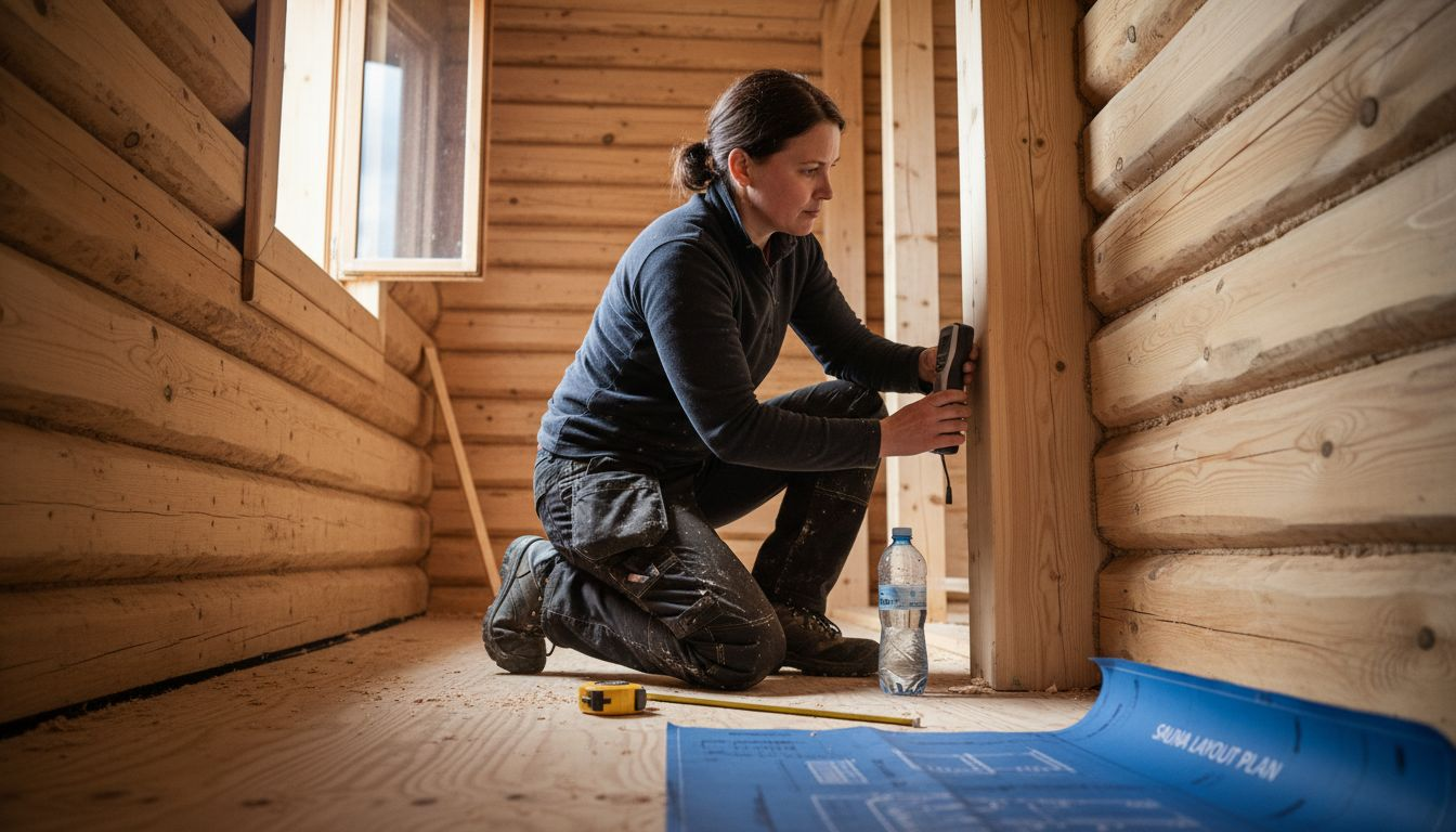 Engineer checks wood beam moisture in sauna