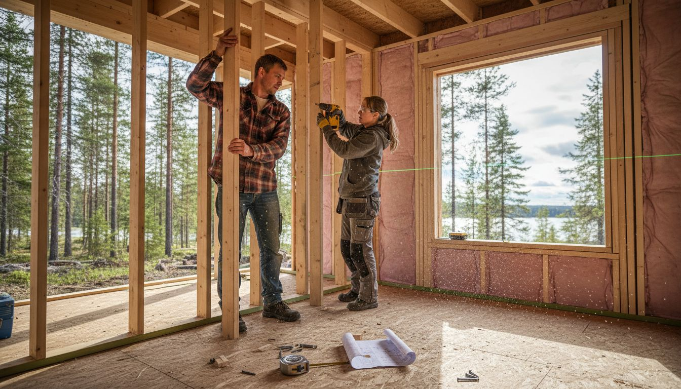 Arbeidere i gang med å sette sammen trekonstruksjonen inne i bygget