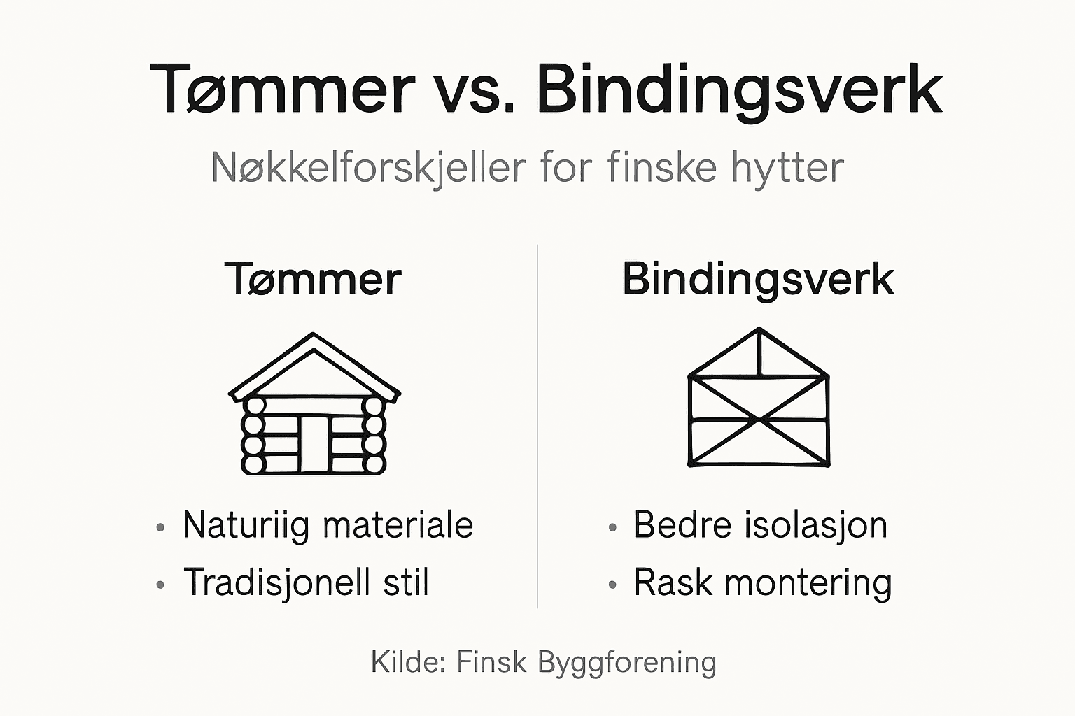 Infografikken viser forskjeller og likheter mellom laft og bindingsverk