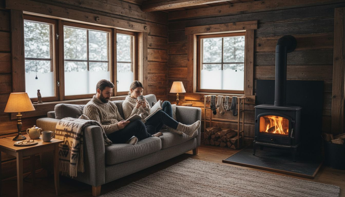 Couple relaxing in insulated timber cabin interior