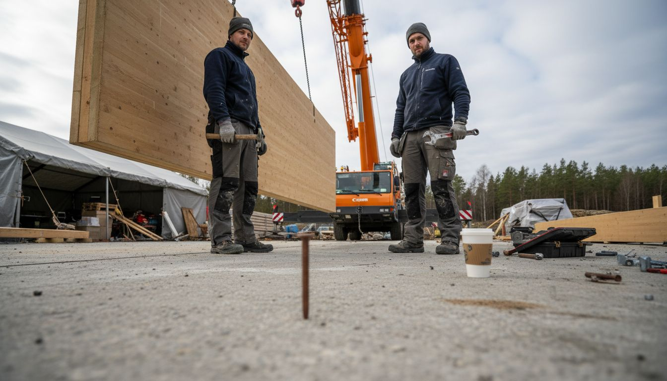 Träelementen lyfts på plats med hjälp av kran av montörerna.