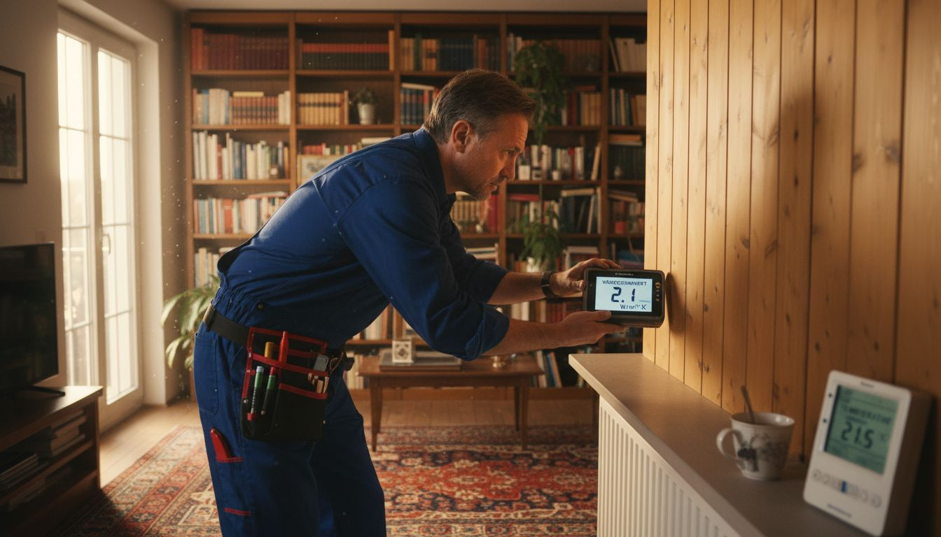Ein Fachhandwerker kontrolliert die Wärmedämmung im Holzhaus, um sicherzustellen, dass alles optimal isoliert ist.
