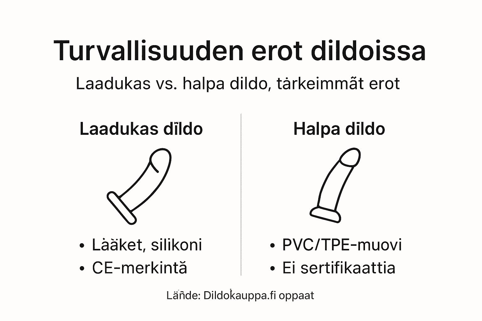 Havainnollistava kuva dildojen eri materiaalien ominaisuuksista ja turvallisuudesta