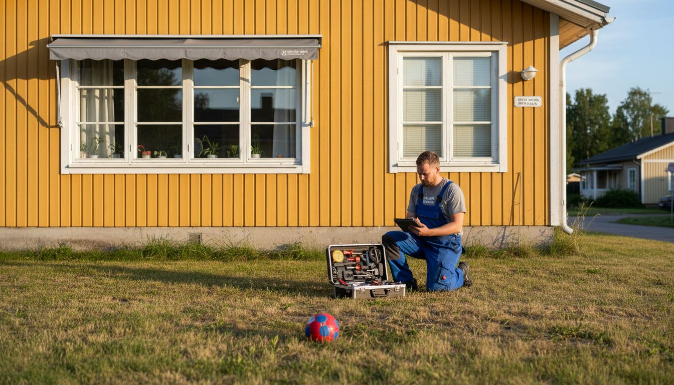 Asiantuntija vertailee kahta erilista ikkunamarkiisia omakotitalon julkisivulla.