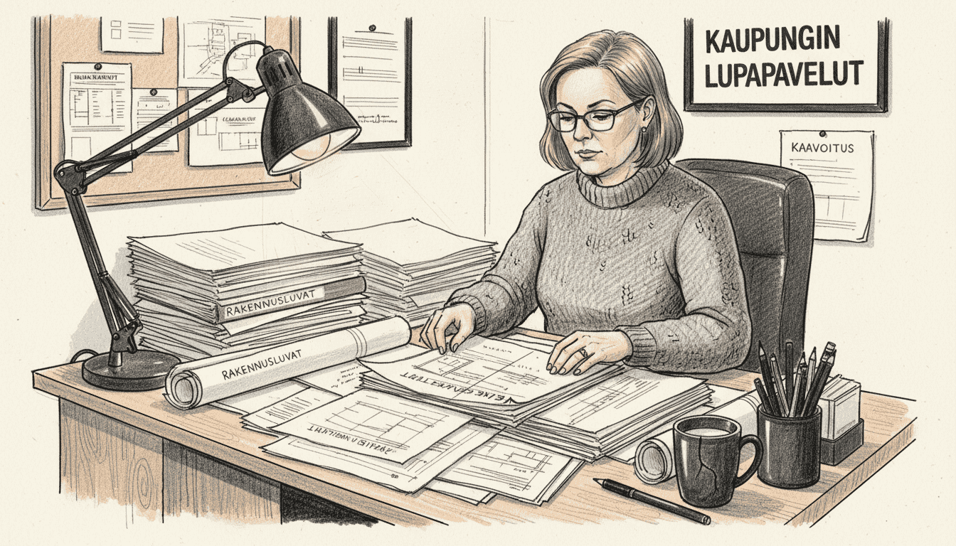 Nainen täyttää rakennuslupahakemusta työpöytänsä ääressä.