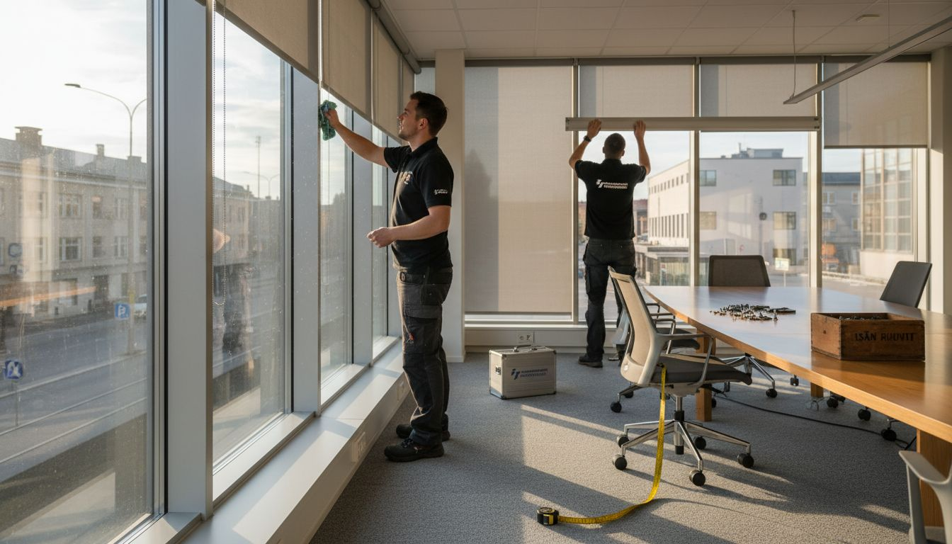 Neuvotteluhuoneeseen asennetaan parhaillaan rullakaihtimia teknikoiden toimesta.