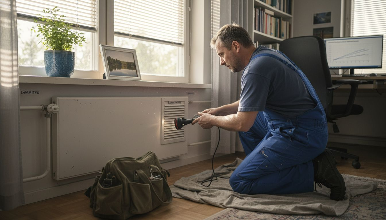 Huoltomies tarkistaa ilmanvaihtoaukon kaihtimien alapuolelta.