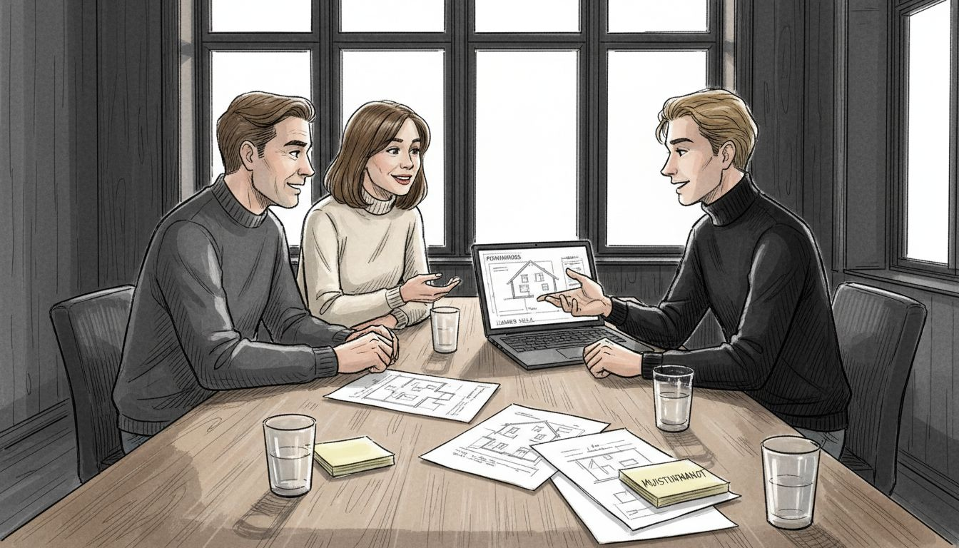 Asiakkaat ja suunnittelija pohtivat yhdessä yksilöllisen hirsitalon ratkaisuja.