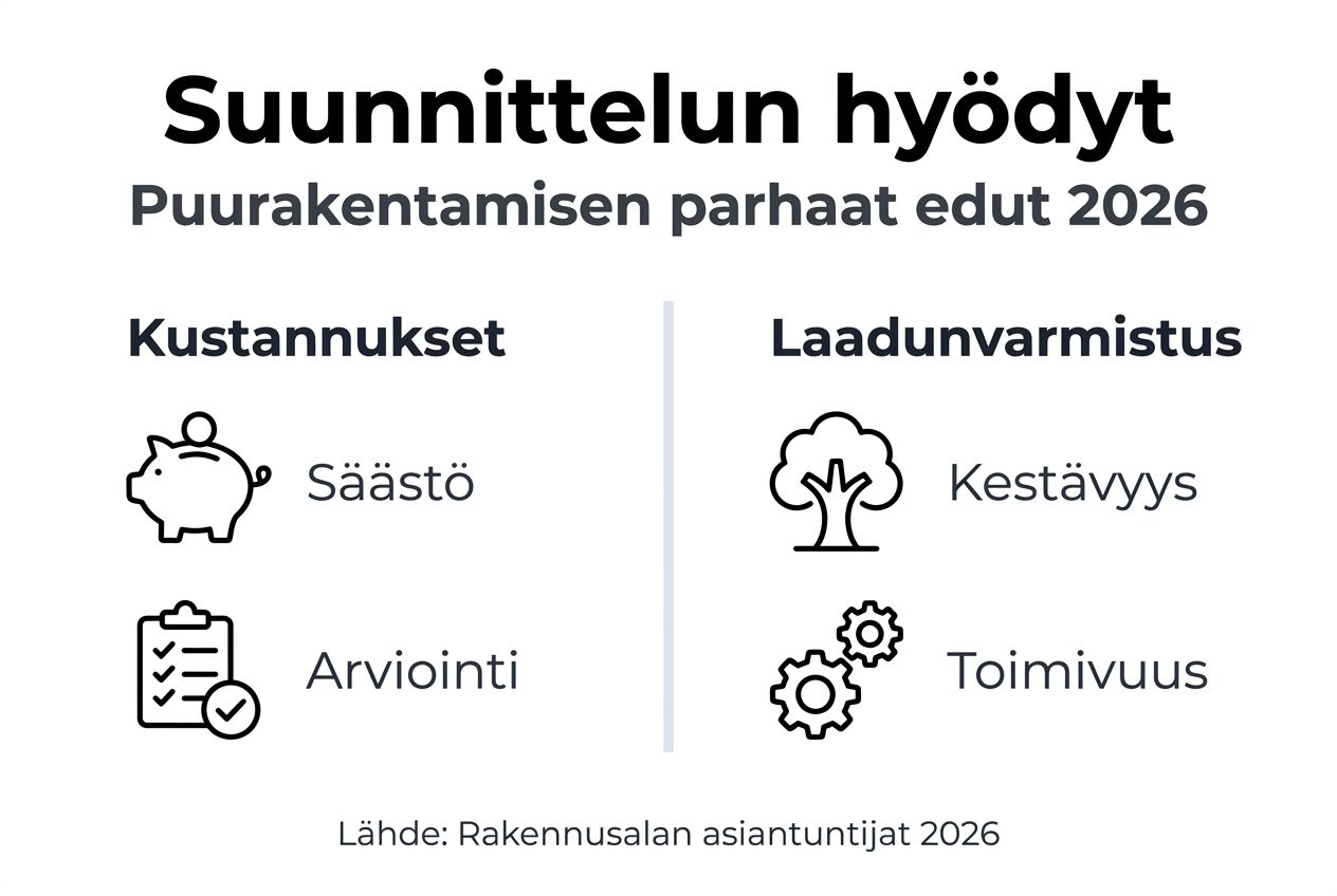 Infografiikka: puun käytön hyödyt rakentamisen suunnittelussa