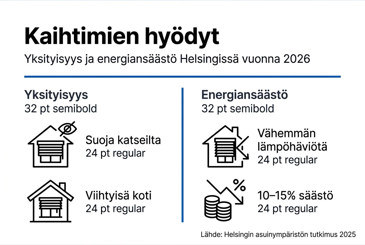Havainnollistava kuva kaihtimien vaikutuksesta energiatehokkuuteen ja yksityisyyteen
