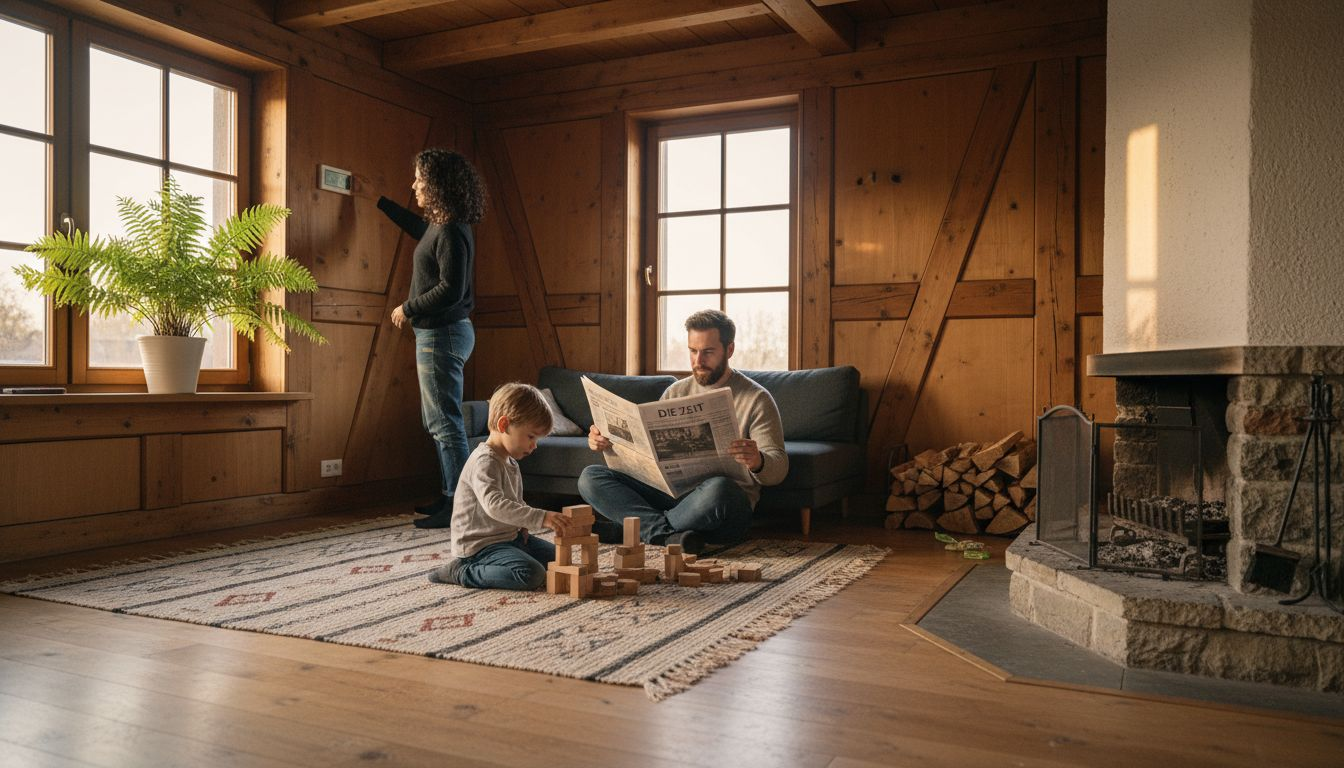 Eine Familie genießt das warme, behagliche Ambiente eines finnischen Holzhauses im Landhausstil.