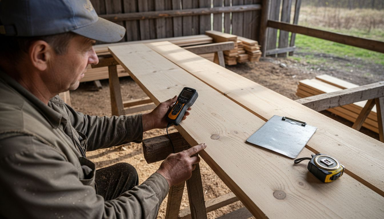 Inspector checking Finnish sauna spruce wood