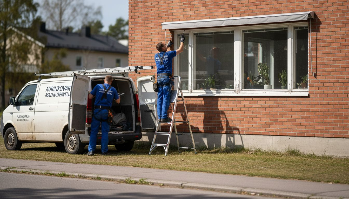 Asentajat kiinnittävät markiisia rivitalon ulkoseinään.