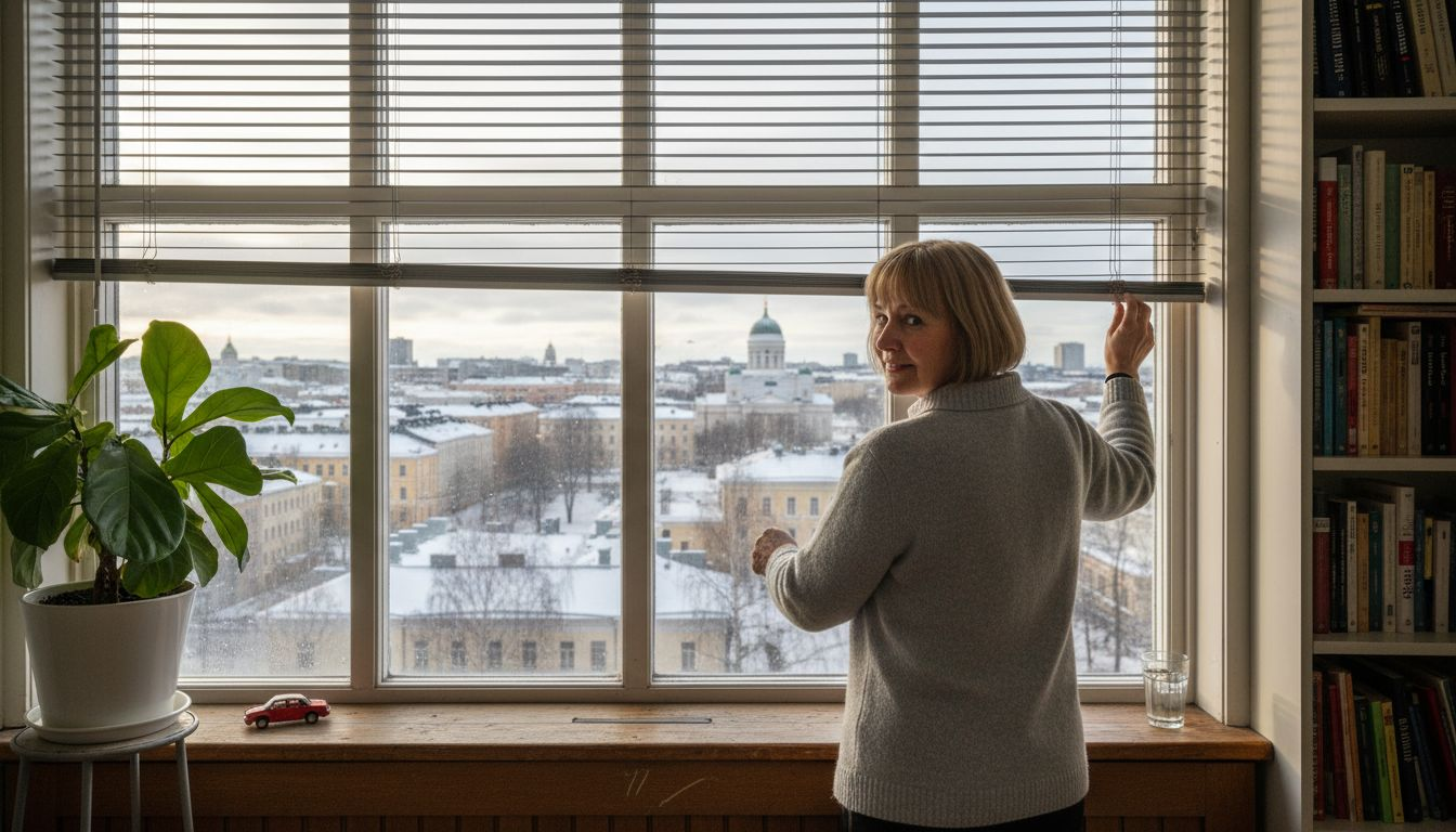 Säädin alumiinisälekaihtimia Helsingin olohuoneessa, jotta valo ja näkymät olisivat juuri sopivat.