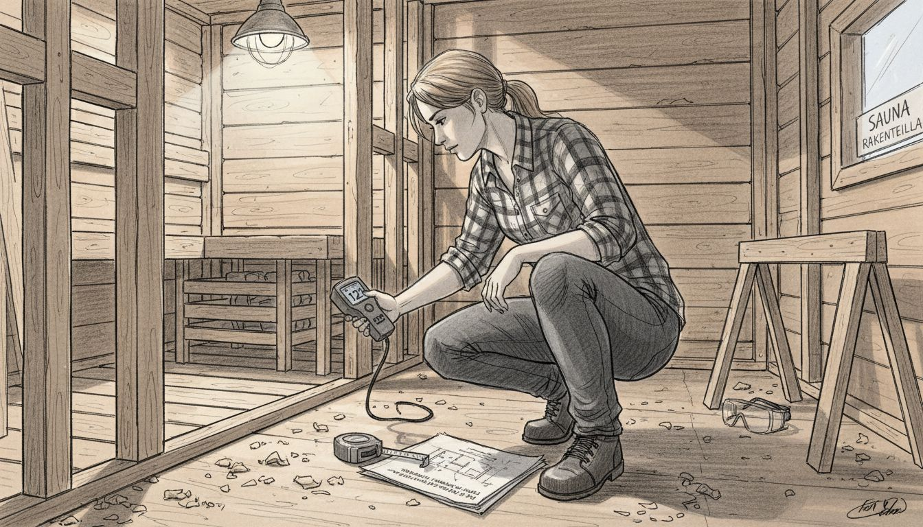 Insinööri mittaamassa puurungon kosteutta sisätiloissa