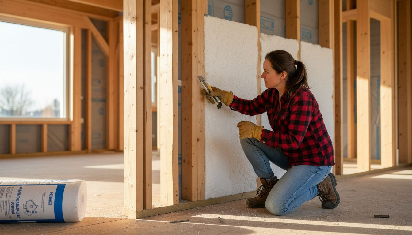 Ein Handwerker überprüft die Dämmung der Wände in einem Holzrahmenhaus.