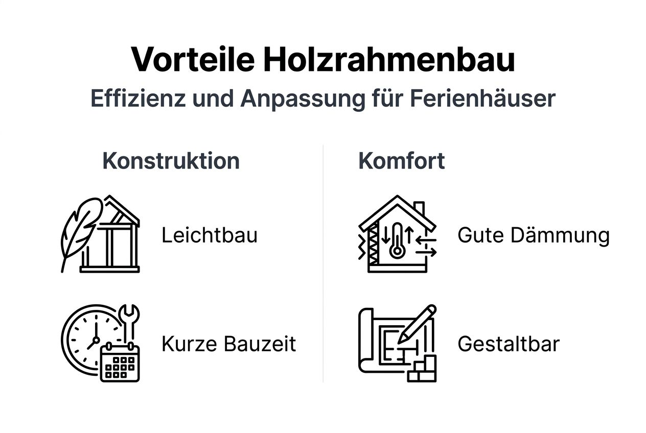 Die Infografik veranschaulicht die Vorteile des Bauens mit Holzrahmen auf einen Blick.