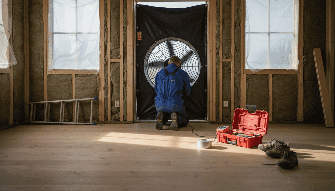 En tekniker förbereder lufttäthetsprovning i en träbyggnad.