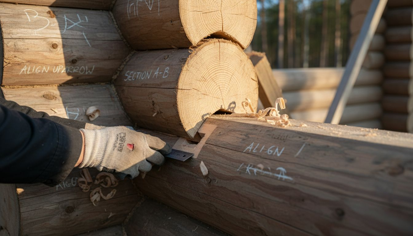 Hands assembling Finnish log dovetail joint