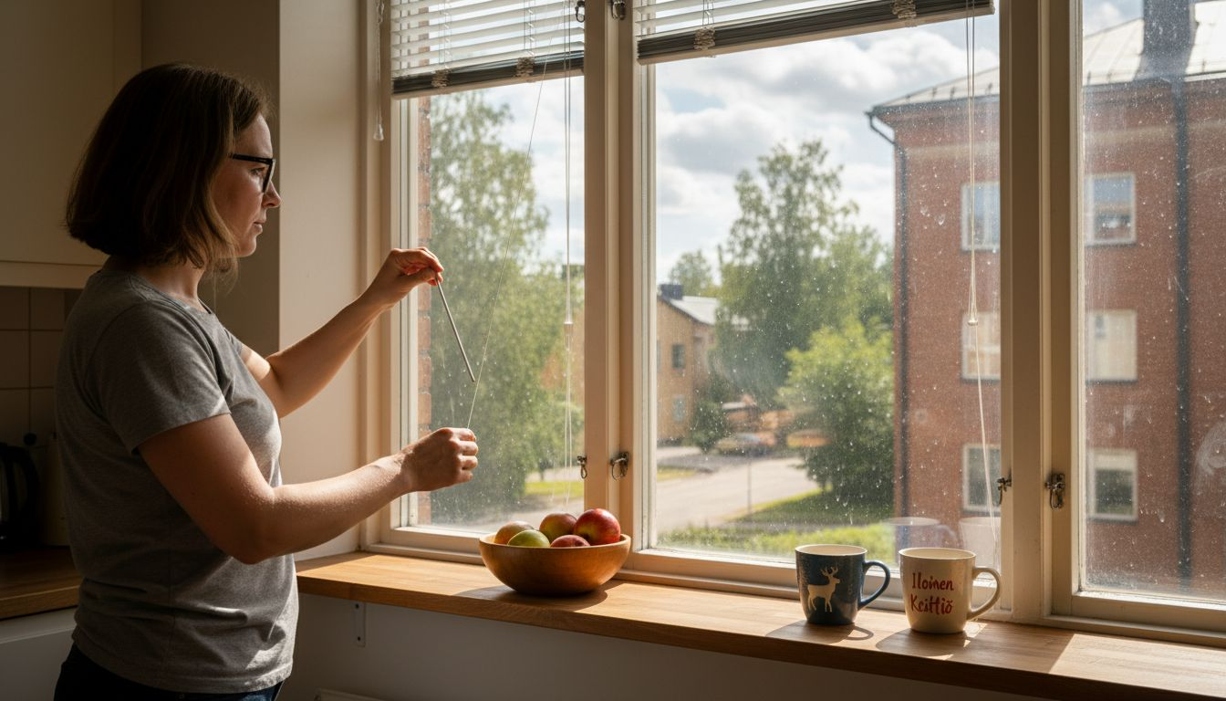 Nainen säätää keittiön sälekaihtimia.