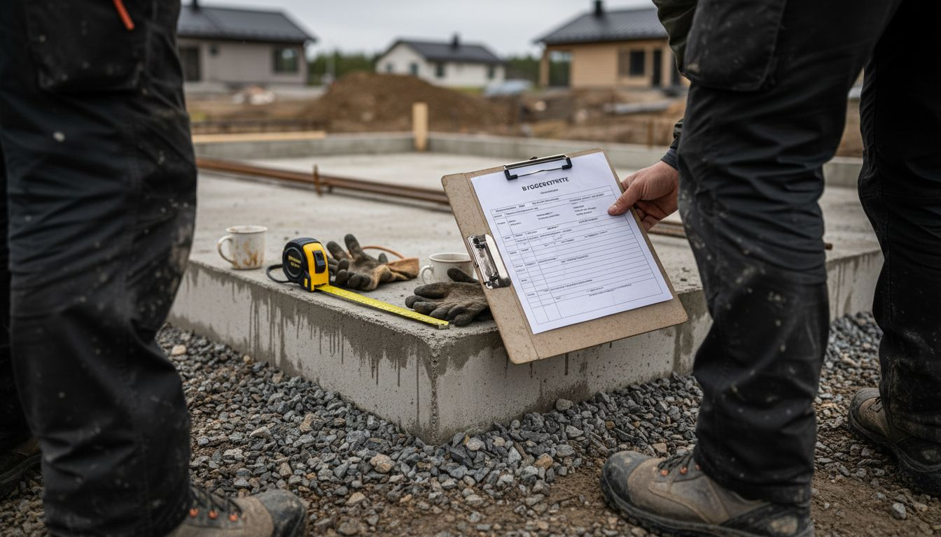 Byggarbeidere går gjennom og vurderer tilbudene ute på byggeplassen.