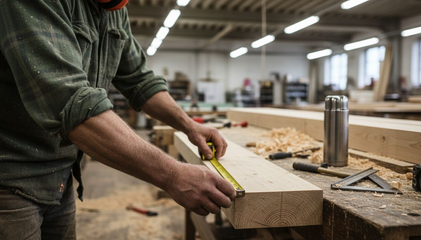 Ein Handwerker misst im Betrieb einen Balken aus Fichtenholz aus.