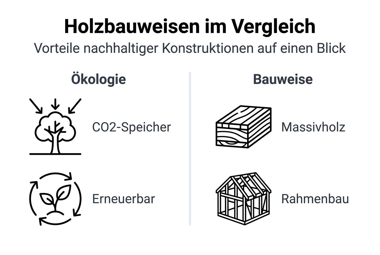 Infografik: Die wichtigsten Holzbauweisen im Vergleich – Vorteile auf einen Blick
