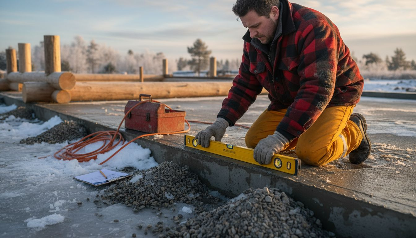 Worker checks level on log house foundation