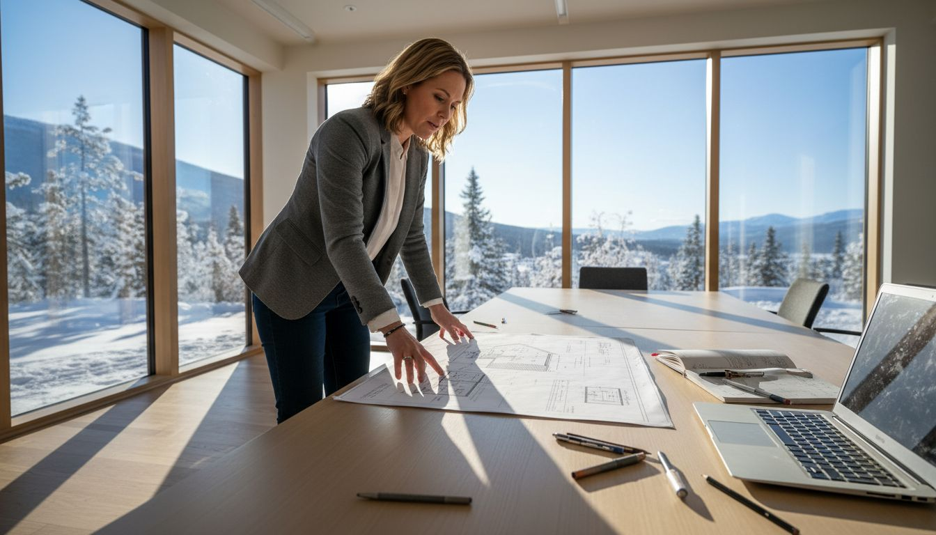 En byggingenjör visar och förklarar detaljer i en CAD-ritning.