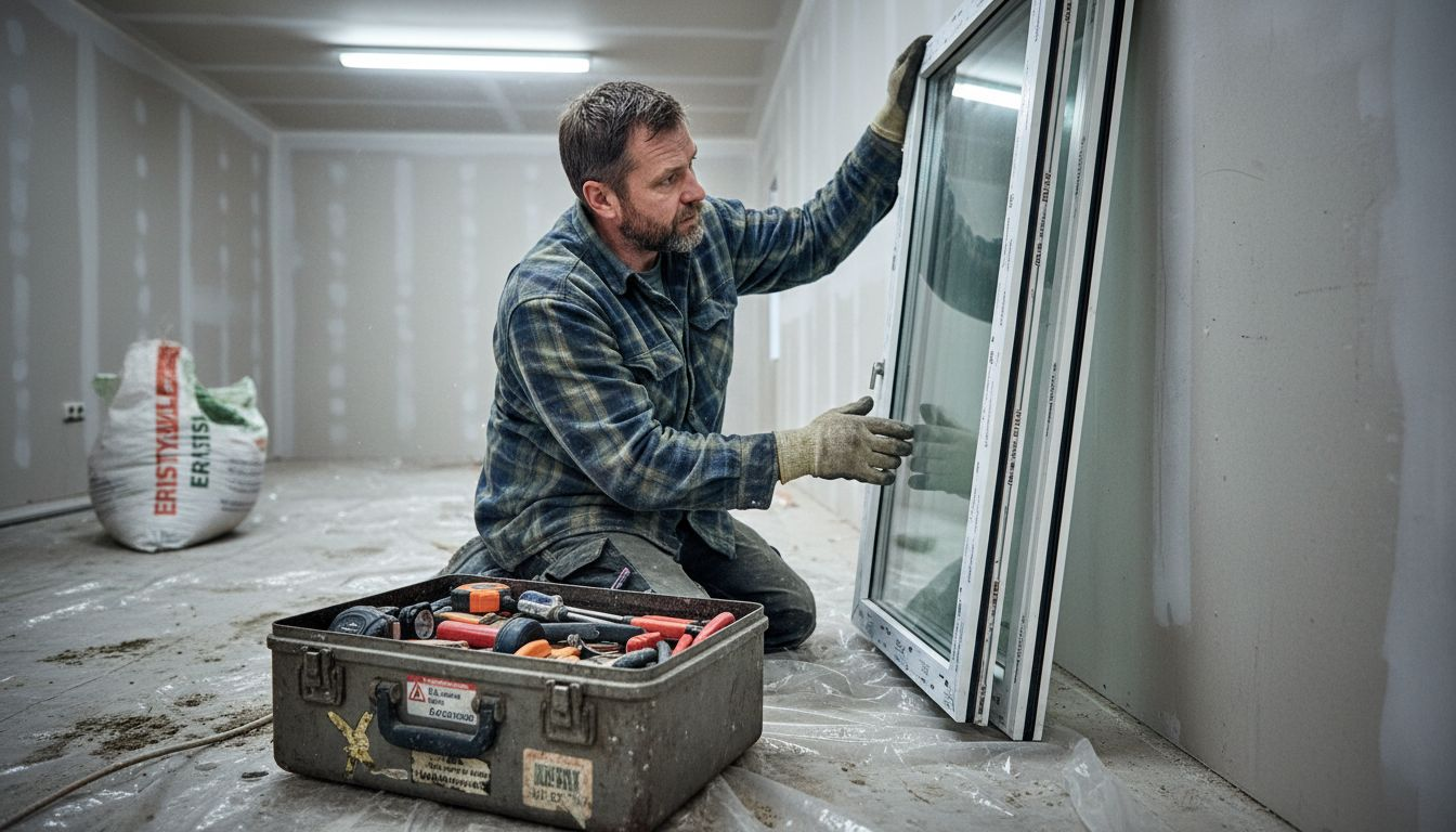 Asentaja tarkastaa kolmilasiset ikkunat varmistaakseen, että kaikki lasikerrokset ovat kunnossa.