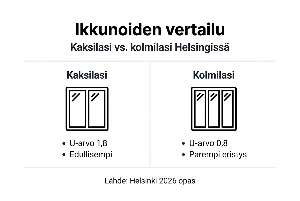 Kaksinkertaisten ja kolminkertaisten ikkunoiden vertailu – havainnollistava infografiikka