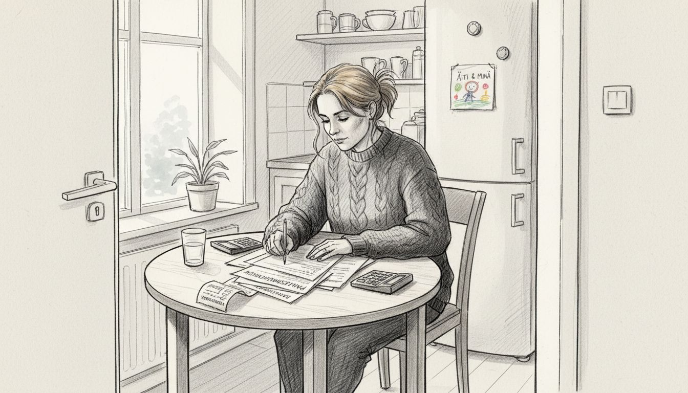 Nainen tarkastelee lainapapereita keittiön pöydän ääressä.