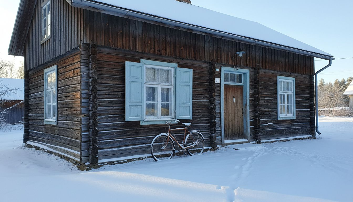 Gammalt trähus står pall genom den finska vintern