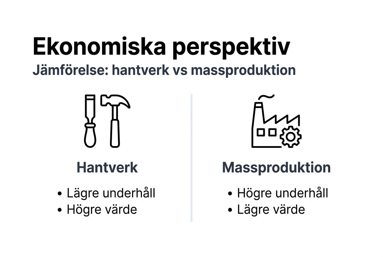 En jämförelse mellan ekonomi, hantverk och massproduktion i infografik – så påverkar tillverkningsmetoden både pris och slutprodukt.