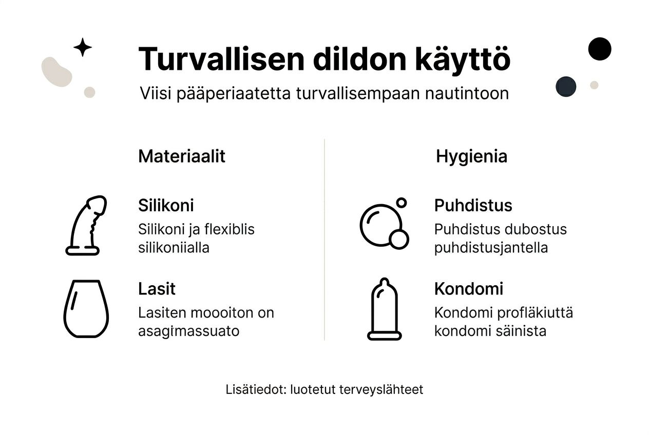 Viisi tärkeintä vinkkiä dildon turvalliseen käyttöön – infograafi
