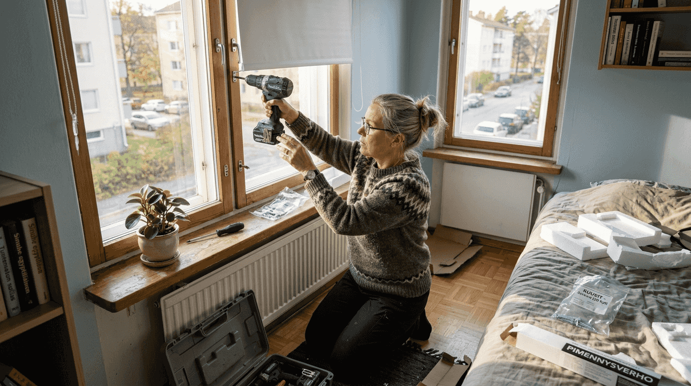 Nainen asentaa uudet sälekaihtimet makuuhuoneen ikkunaan kerrostaloasunnossaan.