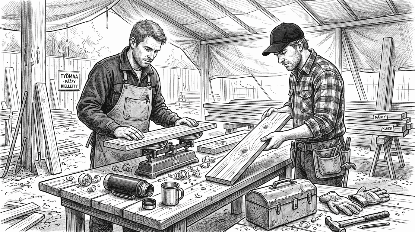 Puusepät pohtivat, kumpi on parempi materiaali: mänty vai kuusi. He vertailevat lautojen ominaisuuksia, kuten kestävyyttä, ulkonäköä ja työstettävyyttä, ja jakavat kokemuksiaan siitä, mihin käyttötarkoitukseen kumpikin puulaji sopii parhaiten.