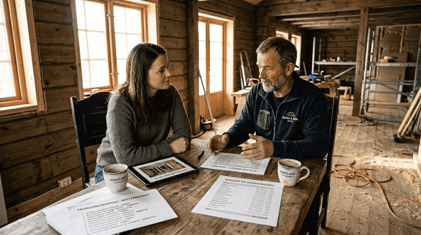 Huseieren og entreprenøren går gjennom status og planlegger neste steg i prosjektet.