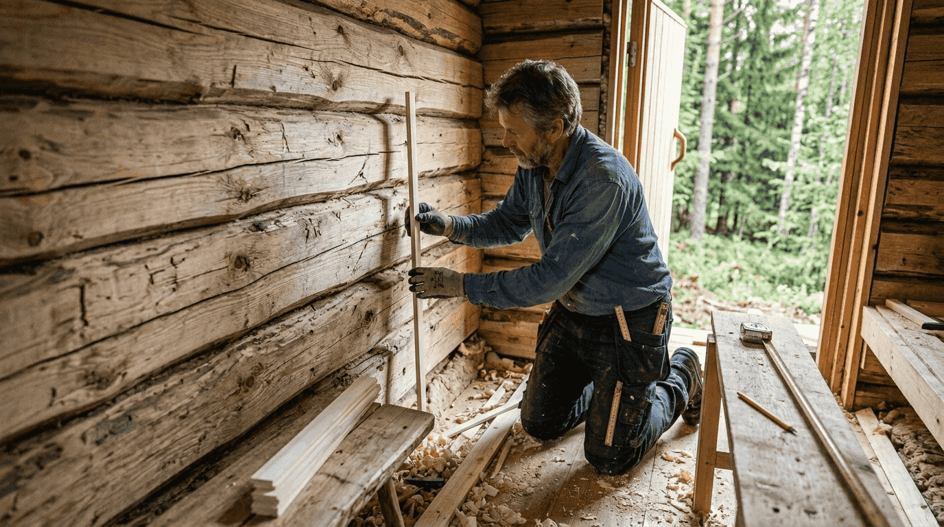 Ett team skickliga hantverkare bygger bastun med stor omsorg om detaljerna.