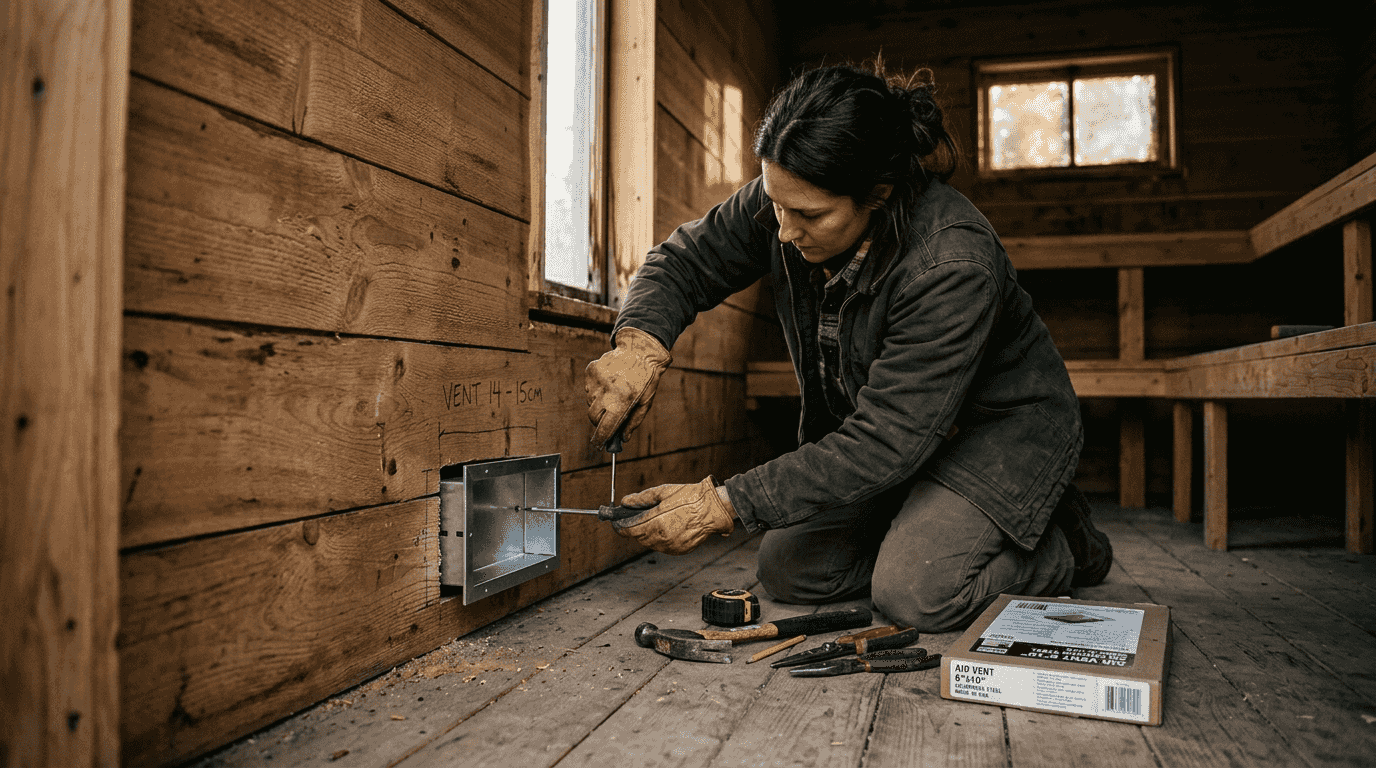 Worker installing sauna air intake vent
